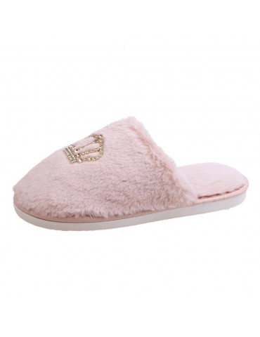 Women Casual Plush Warm Rhinestone Crown Decor Winter Indoor Slippers