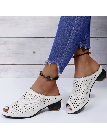 Women Hollow Out Low Heel Comfy Soft Sole Casual Sandals