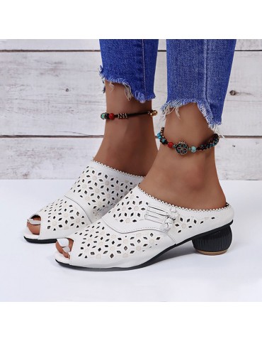 Women Hollow Out Low Heel Comfy Soft Sole Casual Sandals