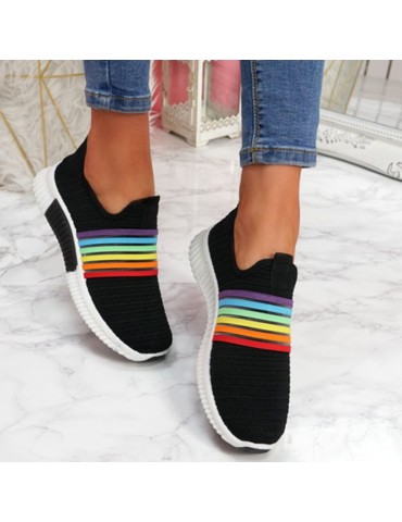 Plus Size Women Rainbow Stripe Knitted Breathable Casual Walking Shoes