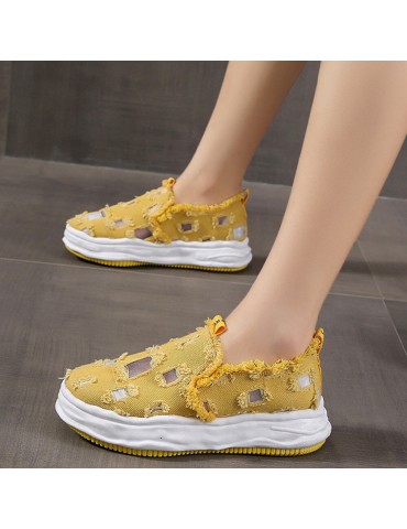 Women Casual Comfy Breathable Hollow Platform Canvas Shoes