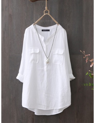 100% Cotton O-Neck High Low Front Pockets Casual Loose Shirt For Women