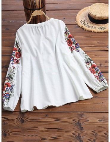 Casual Floral Print V-neck Long Sleeve Elastic Cuffs Ethnic Style Loose Button Blouse