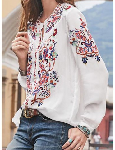 Ethnic Style Print Round Neck Long Sleeve Bohemia Button Blouse For Women