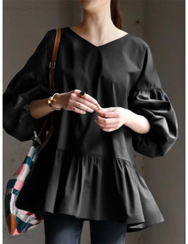 Leisure Puff Sleeve Back Drawstring Pleated Loose Blouse