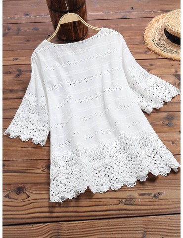 Women Pure Color Embroidery Hollow Half Sleeve Blouse