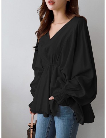 Women Solid Color V-Neck Puff Sleeve Ruffles Hem Casual Blouse