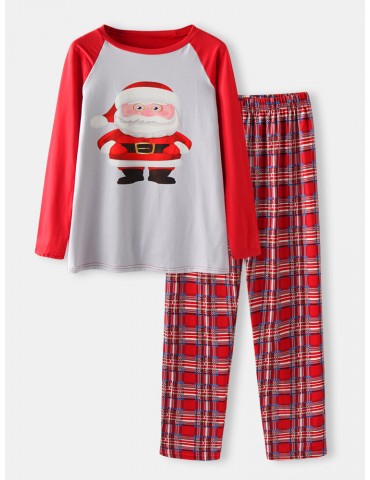 Mens Cartoon Santa Claus Print Raglan Sleeve Loose Plaid Pants Home Lounge Pajamas Set