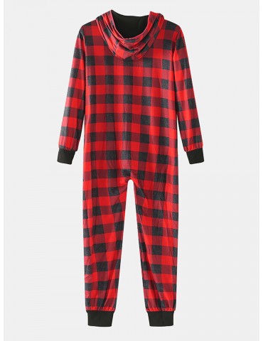 Mens Classical Plaid Print Front Pocket Long Sleeve Zipper Hooded Jumpsuit Home One-Piece Pajamas