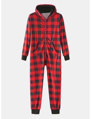 Mens Classical Plaid Print Front Pocket Long Sleeve Zipper Hooded Jumpsuit Home One-Piece Pajamas