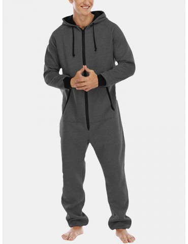 Mens Cotton Solid Hooded Pocket Long Sleeve Home Jumpsuit Zipper Sleepwear