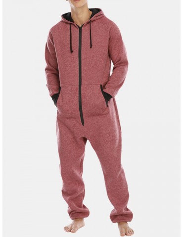 Mens Cotton Solid Hooded Pocket Long Sleeve Home Jumpsuit Zipper Sleepwear