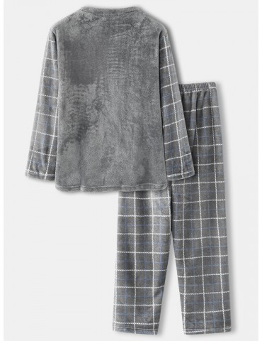 Mens Flannel Plaid Patchwork Pullover Warm Thicken Loose Pants Home Comfy Pajama Set