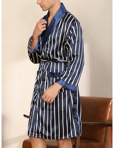 Mens Striped Lapel Double Pocket Robe & Shorts Two Piece Home Cozy Robe Pajama Set With Sashes