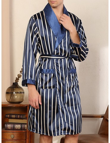 Mens Striped Lapel Double Pocket Robe & Shorts Two Piece Home Cozy Robe Pajama Set With Sashes